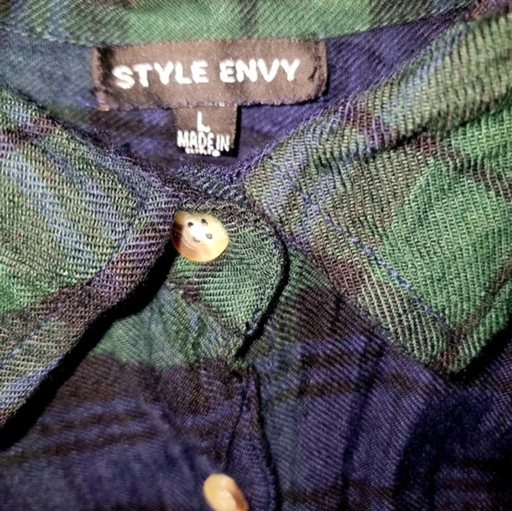 Style Envy Green Blue Plaid Tie Front Button Down Shirt Long Sleeves Lg - Picture 10 of 16